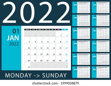 2022 Calendar Planner - ilustración vectorial. Plantilla. Burlarse.