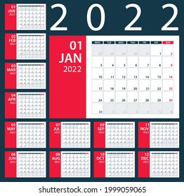 2022 Calendar Planner - vector illustration. Template. Mock up.