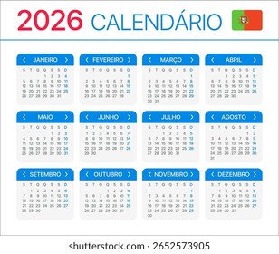 2022 calendar - Portuguese language version - Vector Template