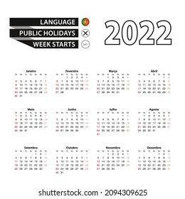 2022 calendar in Portuguese language, week starts from Sunday. Vector Illustration. Translation: “Months of the year and days of the week”.