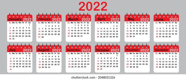 2022 calendar. Red page on spiral. Lilac background. Flat template. Planner diary. Vector illustration. Stock image.