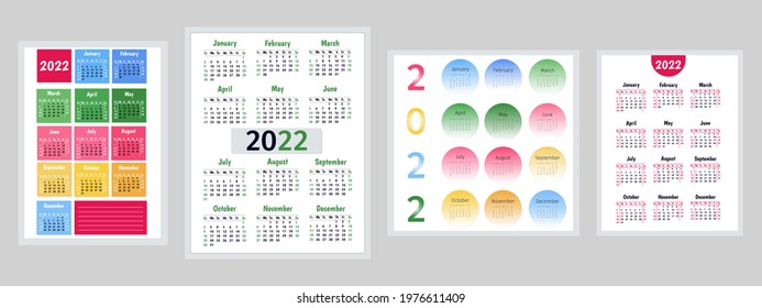 2022 calendar set. Collection of vector templates. Simple design for decorating wall calendars, gliders. Week starts on Sunday. Holidays in the United States are listed. Vector illustration