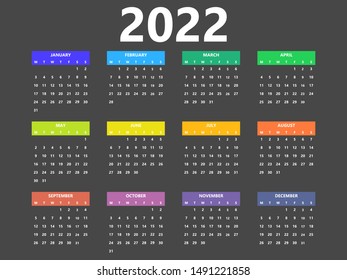 2022 calendar simple style planner layout.  Colorful headers.  Week starts from Monday