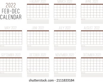 2022 Kalender vereinfachend minimal feb-dec 