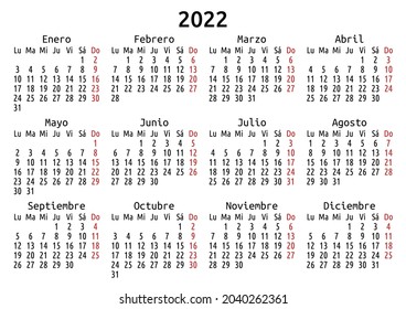 2022 calendar, Spanish, Spain. Vector compact annual wall or planner template for A4 or A5 paper size. Simple minimal one page per year design, EPS 8. Week starts Monday