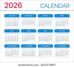 Calendário 2022 - de domingo a segunda-feira - Modelo Vetorial
