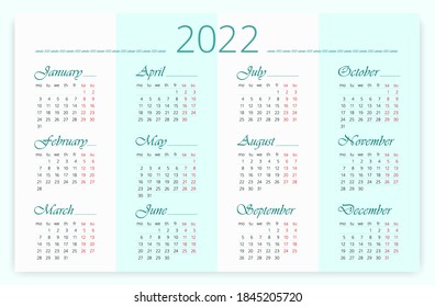 2022 Calendar template. 12 months, English. Horizontal	
