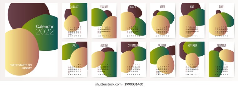 2022 Kalendervorlage mit abstrakter Farbverlauf-Form. Einfache Erdenfarbhintergrund. Calendar Design Konzept mit 3D Elementen. Set von 12 Monaten 2022 Seiten. Vektorgrafik abstrakter moderner Kunst