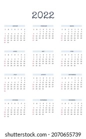 2022 calendar template in classic strict style with type written font. Monthly calendar individual schedule minimalism restrained design for business notebook. Week starts on sunday