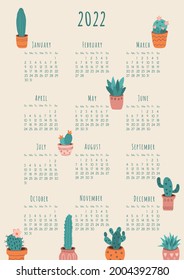 2022 calendar template with colorful cactus illustrations. Week starts on Sunday. Vector illustration, vertical A4 format.