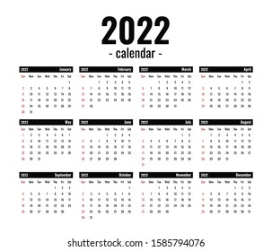 Full Year Calendar 2022 2021 Calendar Template Production Black White Stock Vector (Royalty Free)  1584766648