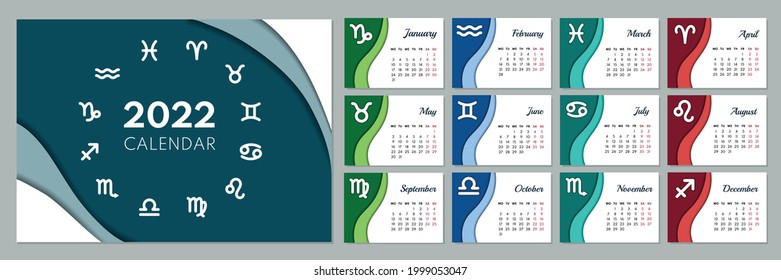 2022 calendar template. Calendar concept design with zodiac signs. Week starts on Monday. Set of 12 months 2022 pages. Vector illustration. 