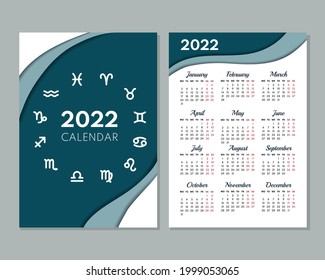 2022 calendar template. Calendar concept design with zodiac signs. Week starts on Monday. 
