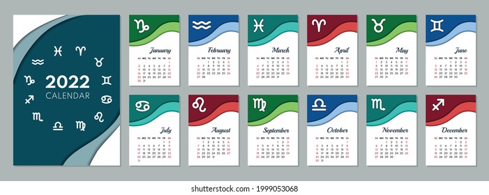 2022 calendar template. Calendar concept design with zodiac signs. Week starts on Sunday. Set of 12 months 2022 pages. Vector illustration. 