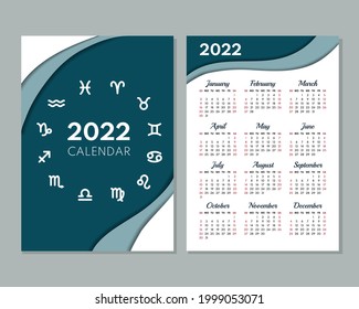 2022 calendar template. Calendar concept design with zodiac signs. Week starts on Sunday.