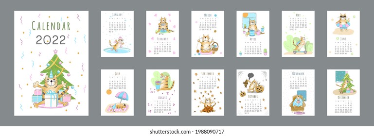 2022 calendar template. Cover and set of 12 months pages. Funny Cartoon ginger tabby cat character in different poses. Week starts on Sunday. Vector illustration, vertical A4 format.