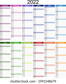 Plantilla de calendario 2022 para diario, organizador o planificador con textos en inglés