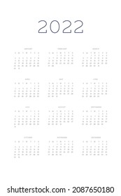 2022 calendar template individual planner in minimalist classic style. Week starts on sunday