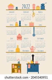 2022 calendar template with kitchen elements: old wood-burning stove, dried herbs and shelves with kitchenware. Week starts on Sunday. Vector illustration, flat style, vertical A4 format.