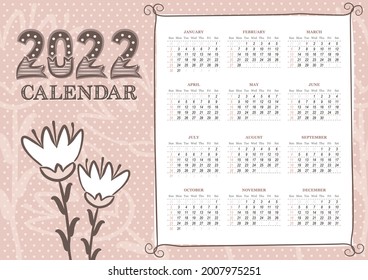 2022 Calendar template in landscape orientation with cute flowers. 12 months yearly calendar set in 2022. Week starts on Sunday. Vintage clipart. Vector illustration.