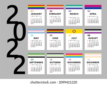 2022 calendar template with LGBT flags