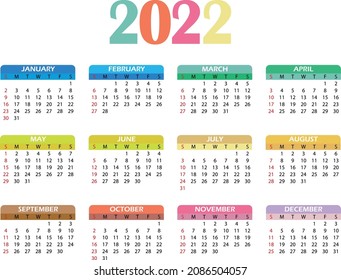 2022 calendar template many colors. Monthly design vector. The week starts on Sunday. English version