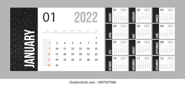 2022 calendar template. Monochrome business planner in minimalist style. Week starts from Sunday. Flat vector illustration.