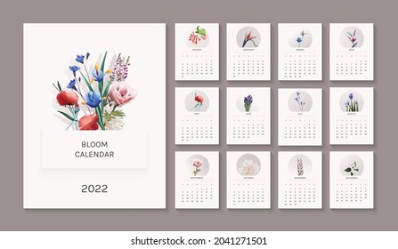 2022 calendar template, month pages with blooming flowers art illustrations, new creative vector  template for organizers, planners and trackers, 2022