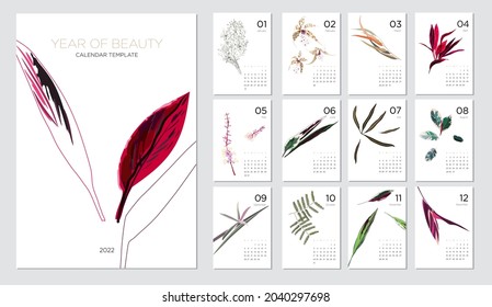 2022 calendar template on a botanical theme. Calendar design concept with abstract seasonal flowers and plants. Set of 12 months 2022 pages. Vector illustration