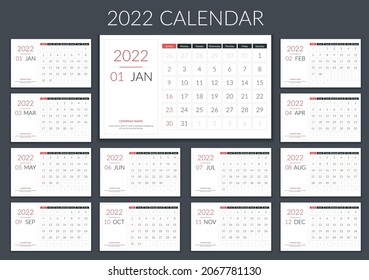 2022 Calendar template, planner, 12 pages, week starts on Sunday, vector eps10 illustration