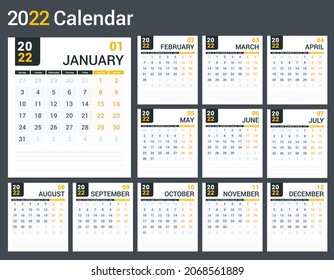 2022 Calendar template, planner, 12 pages, week starts on Monday, vector eps10 illustration