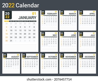 Plantilla de calendario 2022, planificador, 12 páginas, semana comienza el domingo, vector eps10 ilustración
