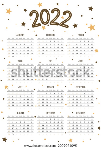 2022 Calendar Template Portrait Orientation Stars Stock Vector (Royalty Free) 2009091095