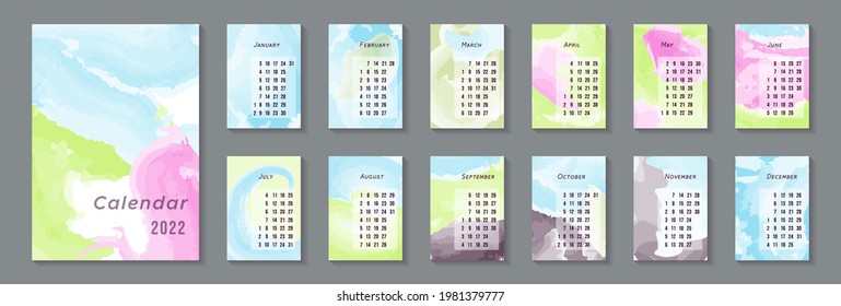 2022 calendar template. Set of 12 months pages. Monthly calendar 2022. Week starts on Monday. Abstract vector illustration. Vertical A4 (A6 and A3) paper size format.