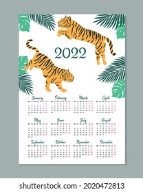 2022 calendar template. Calendar  with symbol year, tiger. Week starts on Monday. 