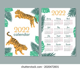 2022 calendar template. Calendar  with symbol year, tiger. Week starts on Monday. 