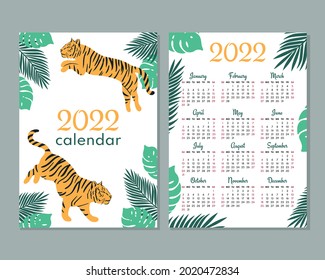 2022 calendar template. Calendar  with symbol year, tiger. Week starts on Sunday. 