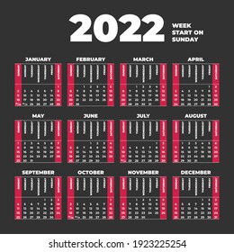 Plantilla de calendario 2022 con semanas que comienzan el domingo