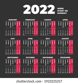 2022 Calendar template with weeks start on Monday