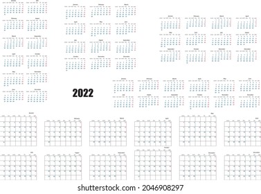 2022 Calendar template.Yearly planner stationery universal, classic design horizontal. English UK