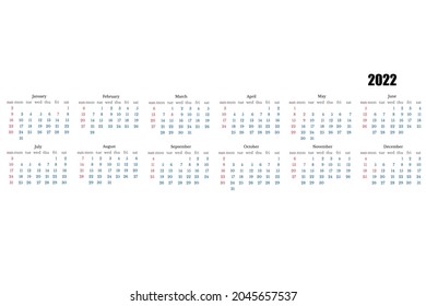 Plantilla de calendario 2022.Planner anual universal, diseño clásico horizontal