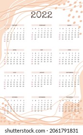 2022 calendar with trendy hand drawn organic shapes and floral botanical elements in beige neutral palette