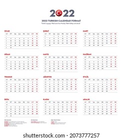 2022 calendar in Turkish language. Week starts from Monday. Public holidays red colored. Vector Illustration.