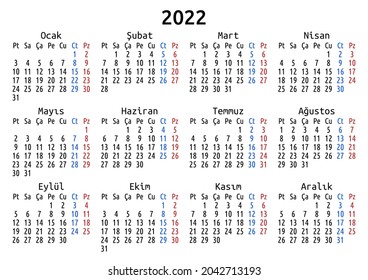 2022 calendar, Turkish, Turkey. Vector compact annual wall or planner template for A4 or A5 paper size. Simple minimal one page per year design, EPS 8. Week starts Monday