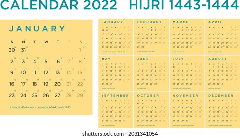 2022 Calendar - UAE, SAUDI, QATAR with Islamic hijri holidays Monthly calendar template design. 1443-1444 Hijri Calendar