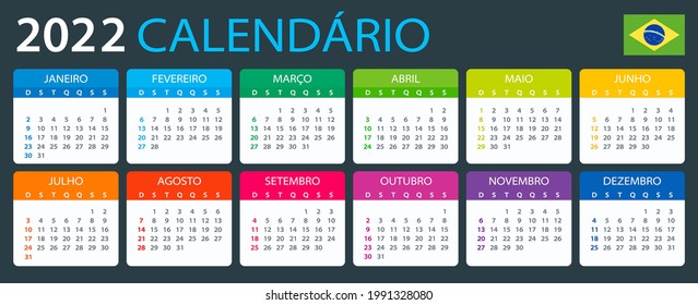 2022 Calendar - vector illustration, Brazilian version. Translation: Calendar. Names of Months. Names of Days. January, February, March, April, May, June, July, August, September, October, November