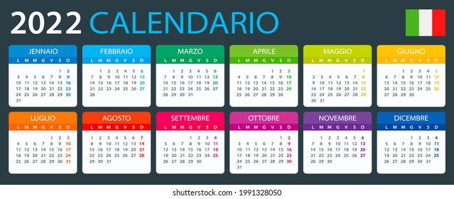 2022 Calendar - vector illustration, Italian version. Translation: Calendar. Names of Months. Names of Days. January, February, March, April, May, June, July, August, September, October, November