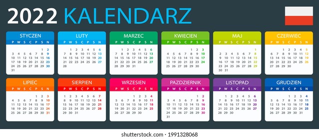 2022 Calendar - vector illustration, Polish version. Translation: Calendar. Names of Months. Names of Days. January, February, March, April, May, June, July, August, September, October, November