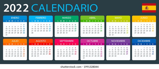 Calendario 2022 - ilustración vectorial, versión española. Traducción: Calendario. Nombres de meses. Nombres de días. Enero, febrero, marzo, abril, mayo, junio, julio, agosto, septiembre, octubre, noviembre