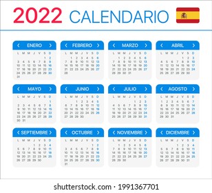 2022 Calendar - vector illustration - Spanish South Latin American Version. Translation: Calendar. Names of Months. Names of Days. January, February, March, April, May, June, July, August, September